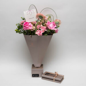 Brown cone box with flowers & Boqure